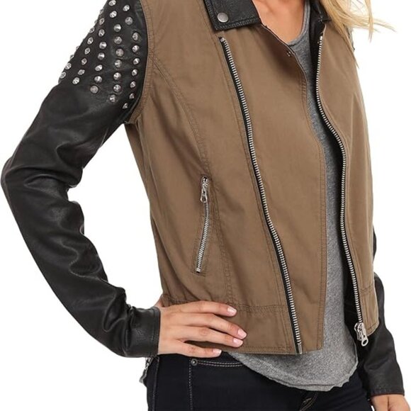 Volcom NEW Metallic Studs MOTO Jacket Faux Leather Sleeves Cotton Bomber Women's - Picture 7 of 17